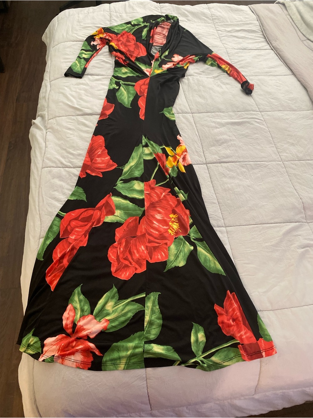 Black Long-Sleeve Maxi Dress with Red Floral Print